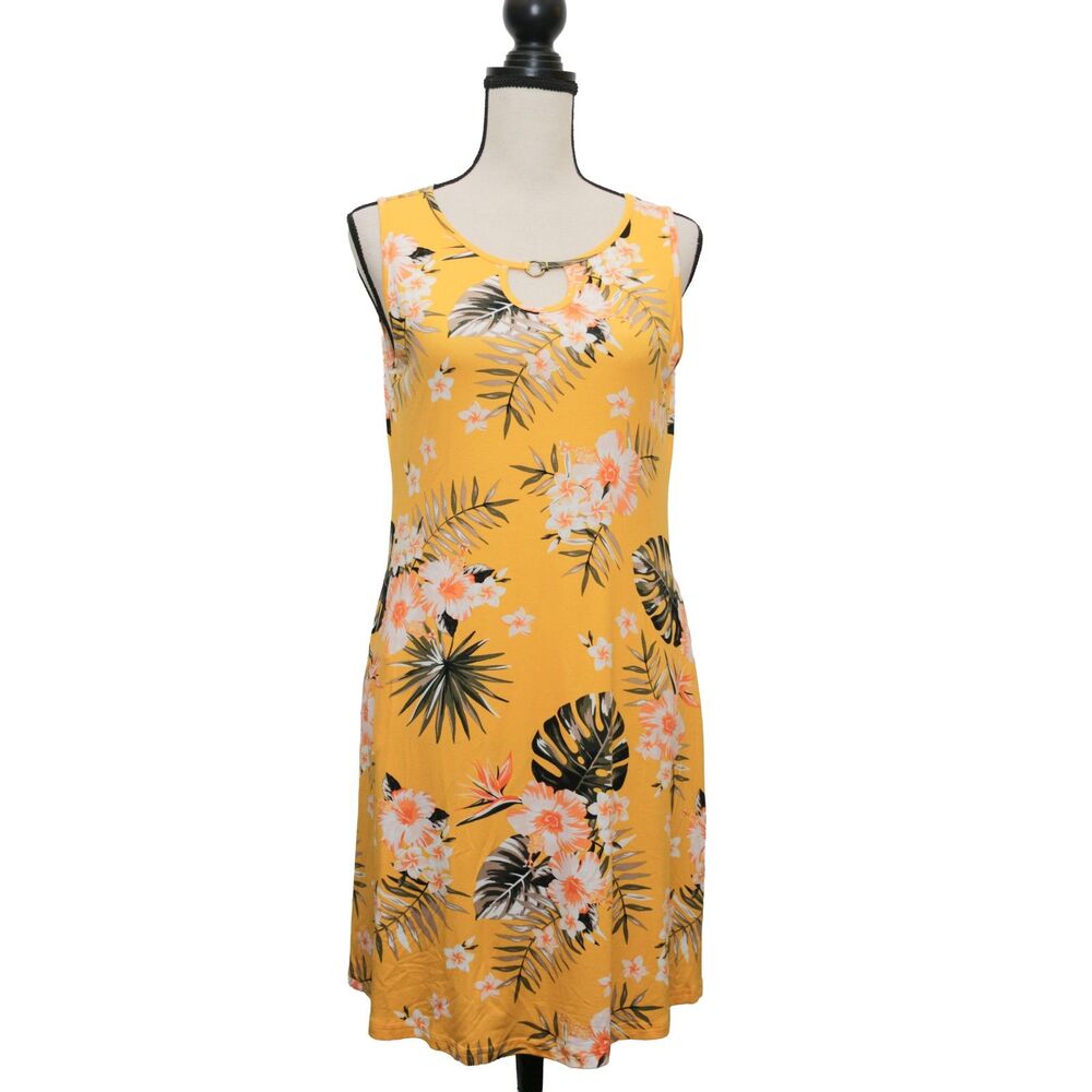 ACTCAT Women's Yellow Tropical Floral Sleeveless Keyhole Knit Midi Dress Size M‎